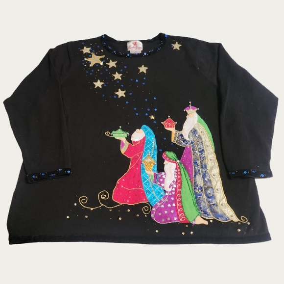 Quacker Factory CHRISTMAS Wise Men Black Sweater 2X, EUC - Picture 1 of 7